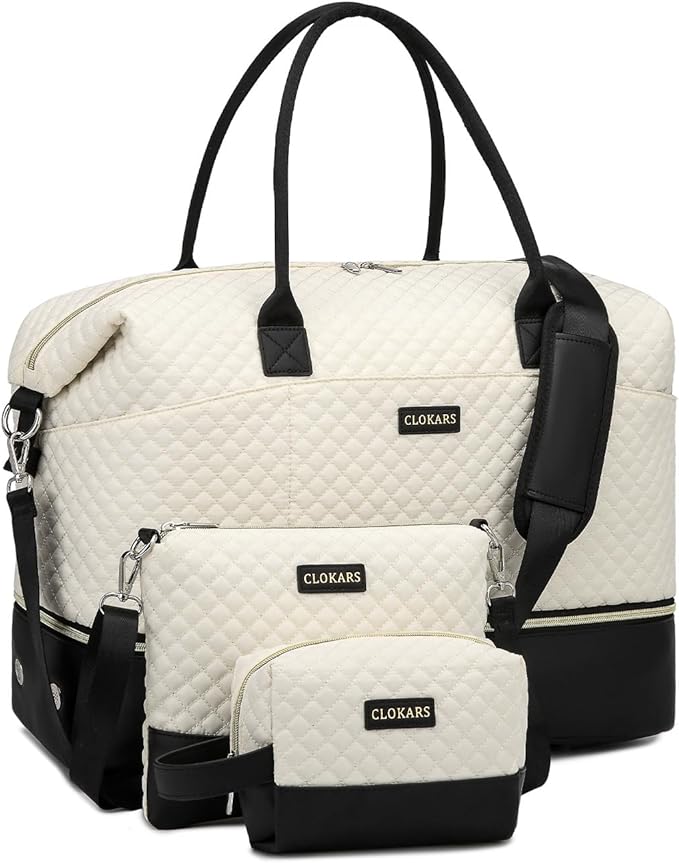 Travel Bag for Women, Weekender Bags Large Carry On Overnight Bag Duffel with Separate Shoes Compartment & Strap, Hospital Bags for Labor and Delivery, Beige Black