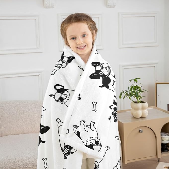 Cartoon Dogs Kids Throw Blanket,Bones Dogs Paws Cute Bed Blanket for Girls Boys Adults,Lovely Dogs Simple Style Fleece Blanket,Black White Chic Fuzzy Blanket,40 x 50 Inches