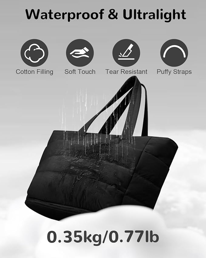 Expandable Puffer Tote Bag with Zipper for Women, Lightweight 15.6 Inch Laptop Work Tote Bag, Large Travel Tote Bags | Luggage strap, Lightweight, For 15.6 inch Laptop, Expandable, Multi-Compartments