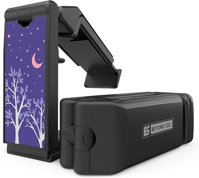 Beyond Cell Travel Accessories, Universal Seat Back Tray Table Hands Free Phone Clip Holder, Adjustable Pocket Size Airplane Travel Essentials Compatible with iPhone and Android Purple Night