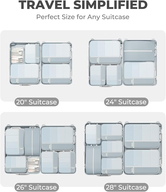 Percover Compression Packing Cubes 8-Piece Set, Packing Cubes Compression for Travel with Laundry Bag & Shoe Bag, Travel Organizer for Carry On & Checked Luggage, Slate Blue