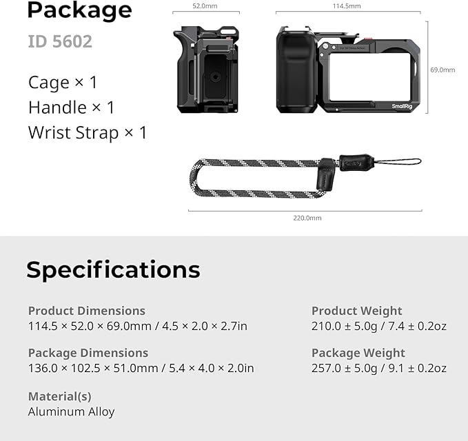 SmallRig Handle Grip Kit for DJI Osmo Action 5 Pro / 4/3 with Cage, Street Photography Grip for DJI, Quick Release, Shutter Button, Cold Shoe, Wrist Strap, 1/4 Threaded Hole for Tripod Selfie Stick
