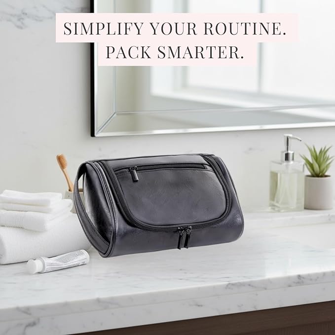 Mens Toiletry Bag, Compact Dopp Kit for Men Travel, PU Leather Shaving Kit, Water-Resistant Minimalist Organizer with Wrist Strap, Travel Toiletry Bag, Gift for Men,Small 9X5.9X3 Inch Black