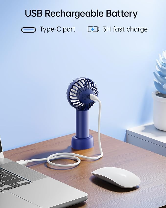 SWEETFULL Mini Portable Fan - Small Handheld Fan, 3 Speeds Personal Hand Gifts for Travel Essentials, Lash, Makeup, Eyelash, Kids, Girls, Women - USB, Cute Design Blue