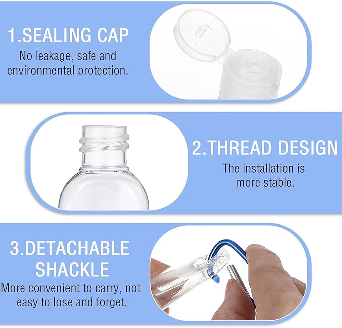 5 Pcs Refillable Travel Bottles Hand Sanitizer Travel Size Holder with Keychain Portable Empty Plastic Bottles Leakproof Squeeze Containers with Clip for Home Office Outdoor
