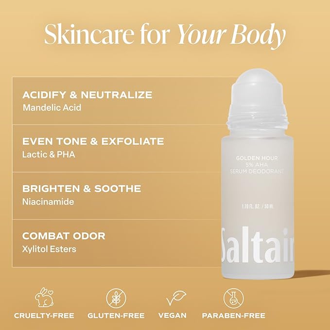 Saltair Serum Deodorant 2 Pack – 5% AHA – Aluminum-Free Odor Control for Women & Men – Mandelic Acid Deodorant with Lactic Acid – Golden Hour Scent – 2x 1.7oz Travel Roll On