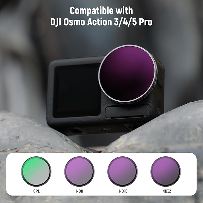 NEEWER Snap On ND Filter Set Compatible with DJI Osmo Action 5 Pro/4/3, 4 Pack ND8+ND16+ND32+CPL Action Camera Accessories Directly Mount on Original Glass Lens Cover, Not for Osmo Nano, FL-A76