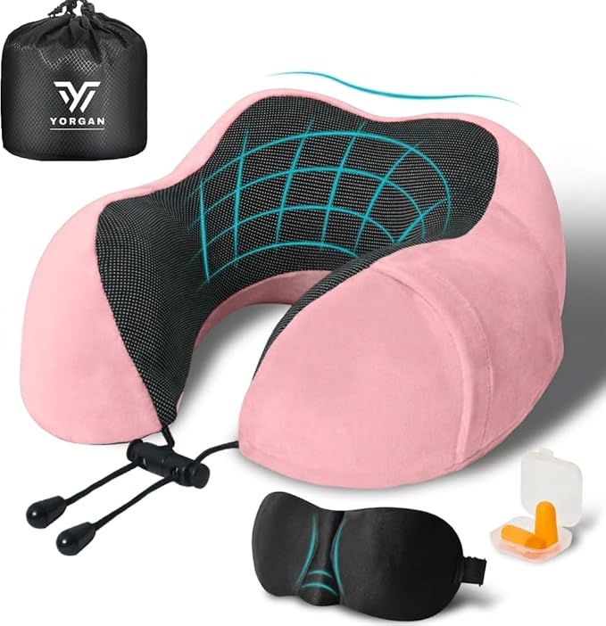 Airplane Travel Neck Pillow, 100% Memory Foam Ergonomic Neck Support, Airplanes Neck Pillow with Washable Cover Travel Essential for Flight Car & Office Includes Eye Masks, Earplugs & Carry Bag (Pink)