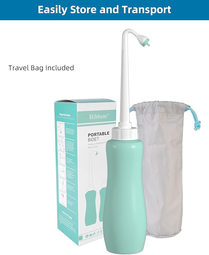 Hibbent 2 Pack 650ml Portable Bidet Sprayer for Women or Men, Handheld Travel Bidet for Personal Hygiene, Jet Spray Bottle for Toilet & Bathroom, Peri Bottle for Postpartum Care, Travel Bag, Green