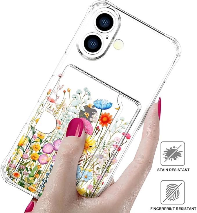 Compatible with iPhone 16 Plus Case Card Holder for Women Cute Design,Wallet Phone Cases Transparent Cool Kawaii Protective (Clear Flowers Herbs Wild Plants)