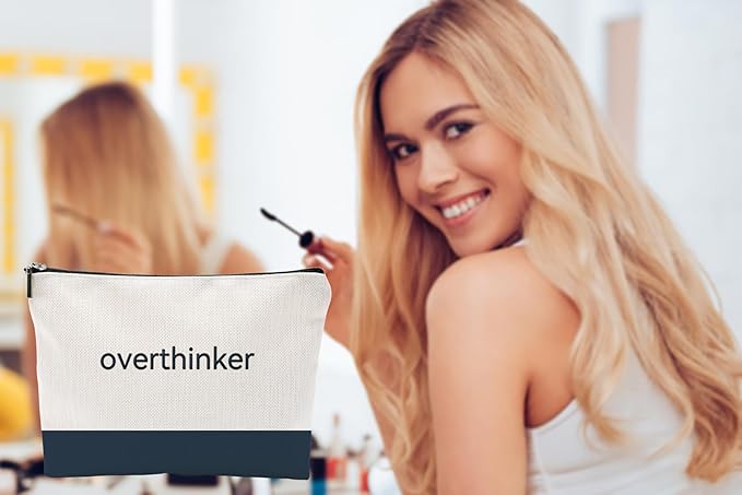 Funny Makeup Bag for Women - overthinker Relatable Quote Pouch - Minimalist Navy Blue Color Block Canvas Cosmetic Organizer - Unique Gift for Best Friend, Introverts & Mental Health Awareness