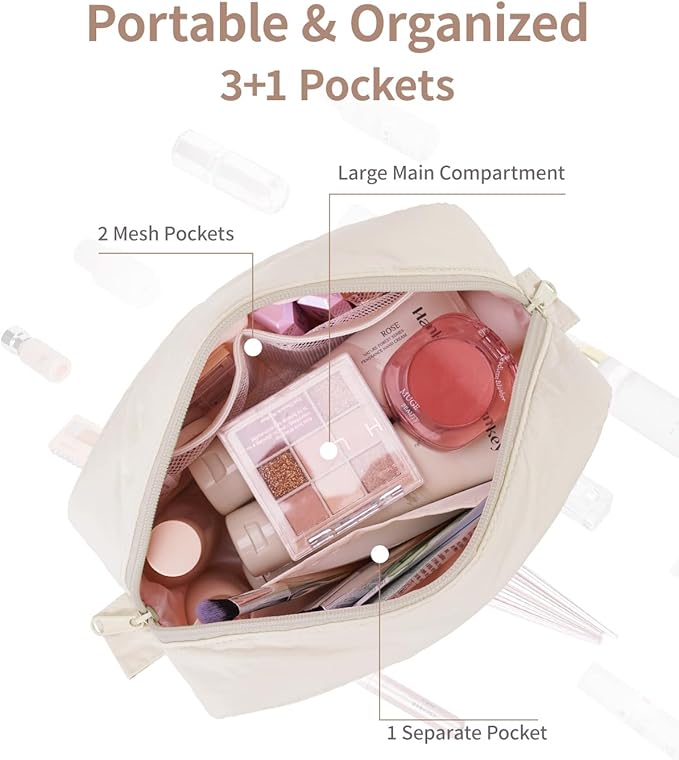 Narwey Puffy Makeup Bag for Travel Women Girl, Quilted Makeup Bag Cosmetic Bag, Cute Puffer Make up Organizer Bags, Travel Toiletry Bag Toiletries (Beige)