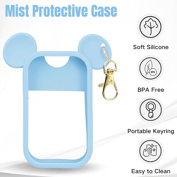 Mouse Design Silicone Case Compatible with Touchland Hand Sanitizer Spray 1 fl oz, Silicone Protective Case Holder with Keychain for Power Mist and Glow Mist, Blue