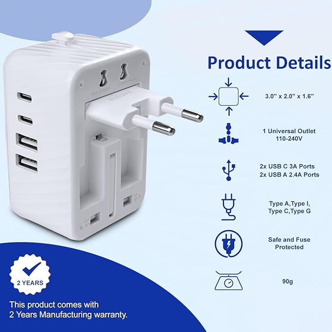 Universal Travel Adapter Worldwide International Plug Adaptor with 2 USB C 2 USB A Ports,World Power Outlet for European USA UK Australia Ireland