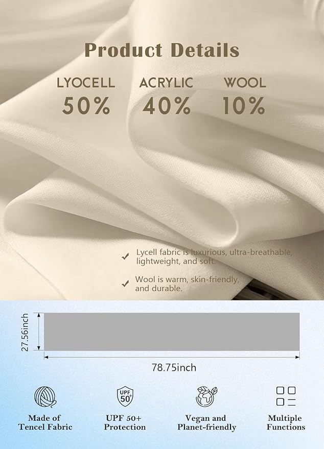 Women's Wool Blend Travel Scarf Lightweight Breathable Wrap Pashmina Airplane Blanket Shawl