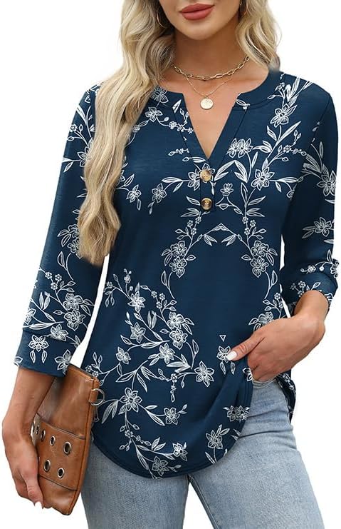 OFEEFAN Womens Tops 3/4 Sleeve Henley Shirts for Women Summer Outfits Fashion Clothing