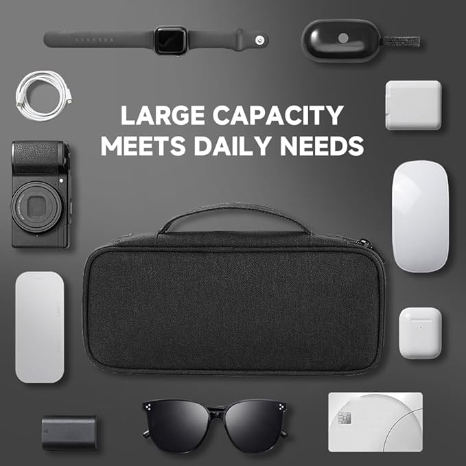 Teskyer Tech Organizer Pouch – Portable Waterproof Electronics Bag with Compartments for Cables, Chargers, Earbuds & Phone (Black)