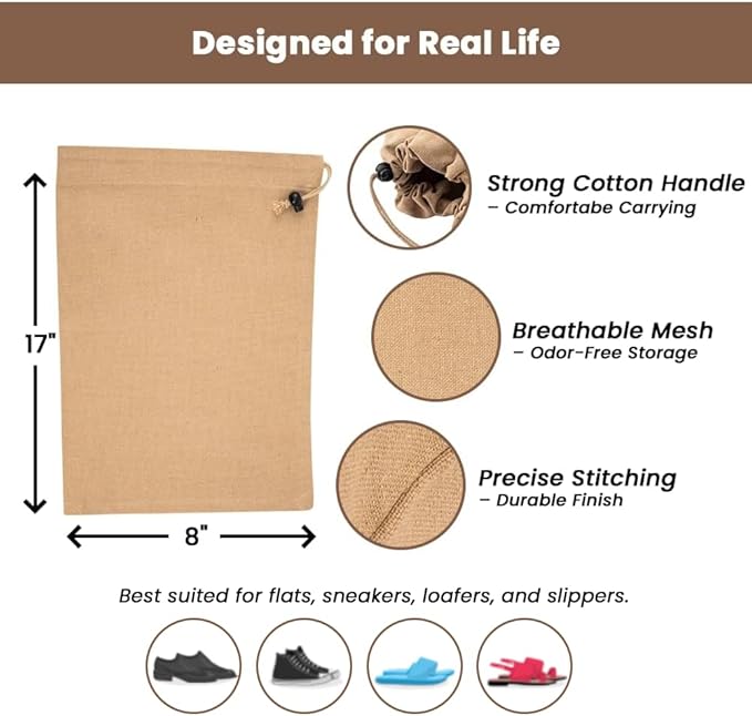 LFH Cotton Rich Shoe Storage Bags with Drawstring, Dustproof Breathable Reusable Organizer, Perfect For Travel, Dorm, Hotel, College, Gym, Easy to Carry, Machine Washable 8"x17" (Pack of 4) - Beige