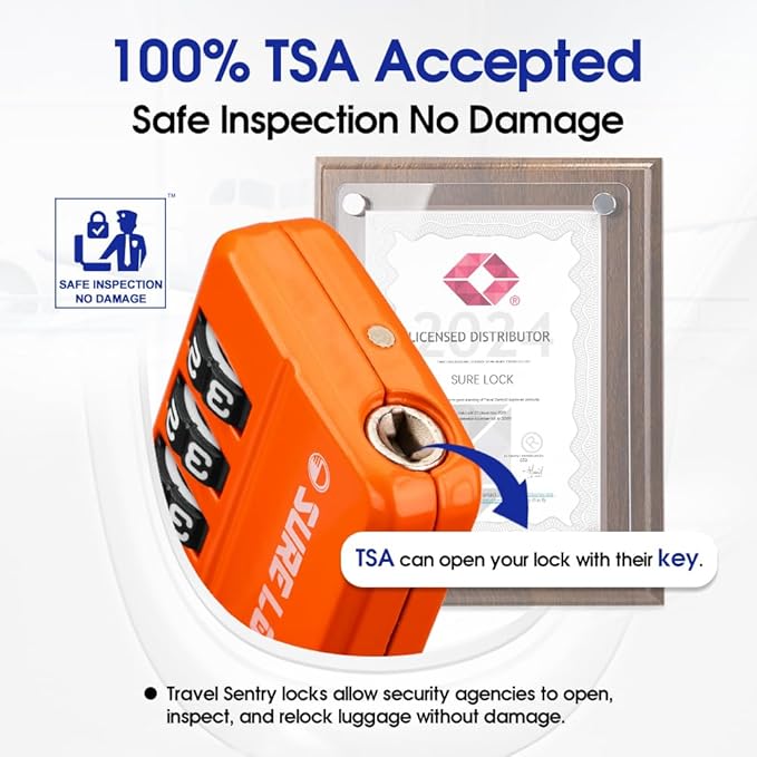 SURE LOCK TSA Approved 4-Digit Resettable Combination Luggage Locks with Open Alert, Easy-Read Dials - for Luggage, School Lockers, Gym, Office, Toolbox & Security Cases (Orange 2 Pack)