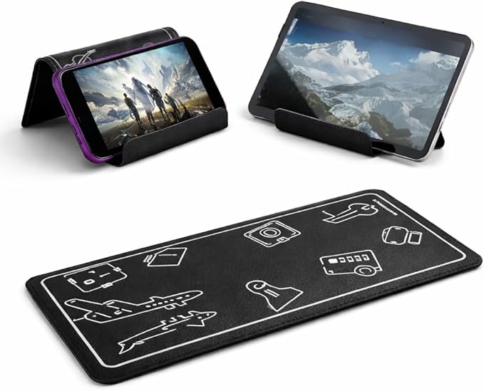 Mizi Airplane Phone & Tablet Holder – Adjustable Flexible Flap Stand for Desk, Bed, Treadmill, Home, and Airplane Travel Essentials – Compatible with iPhone, Smartphones, and Tablets – Black