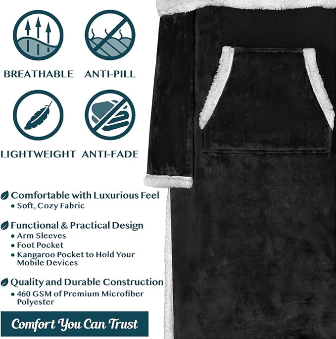 PAVILIA Sherpa Blanket with Sleeves, Foot Pocket for Women Men Adults, Thick Wearable Blanket Throw Wrap, Fleece Warm Snuggle Blanket Robe, Cozy Gift Ideas Wife Mom, Black