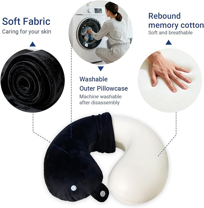 Travel Pillow with Removable Large Hood, Memory Foam Neck Pillow for Airplane, Car, Train Travel Sleeping & Rest, with Soft Cover (Black)