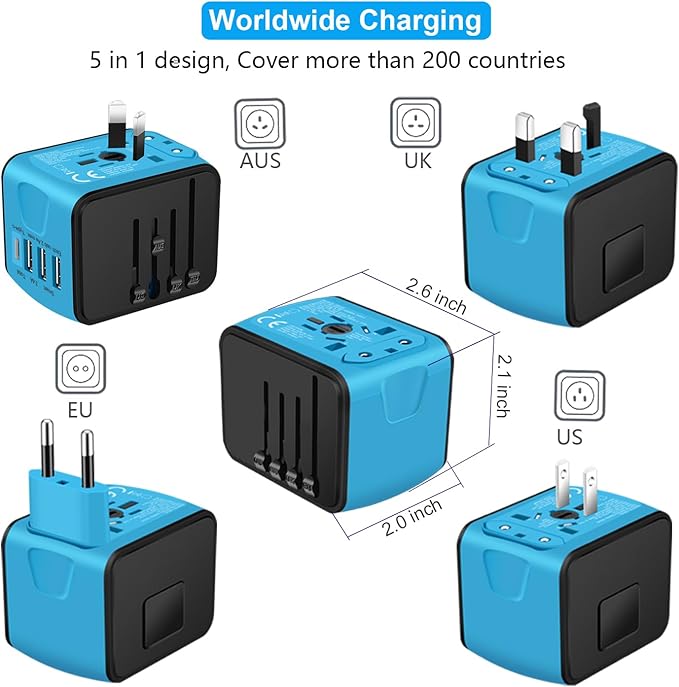 SAUNORCH Travel Adapter Worldwide, Universal International Power Plug Adapter W/2.4A 3xUSB-A and 3.0A Type-C Wall Charger, European Travel Plug Adapter for Europe UK EU US CA AU Italy Asia-Blue