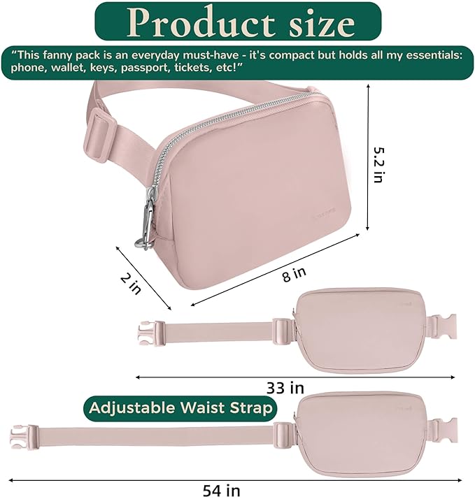 Anti-Theft Fanny Pack for Women & Men, Lightweight Secure Crossbody Waist Bag with Anti-Slip Adjustable Strap for Travel, Hiking, Running, Water-Resistant Belt Bag, Everyday Essentials Organizer Pink