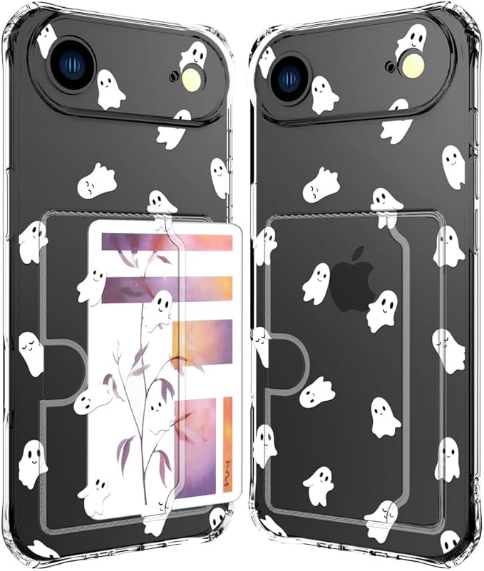 Compatible with iPhone 17 Air Case Card Holder for Women Cute Design,Wallet Phone Cases Transparent Cool Kawaii Protective (Clear Ghosts Halloween Hallowmas)