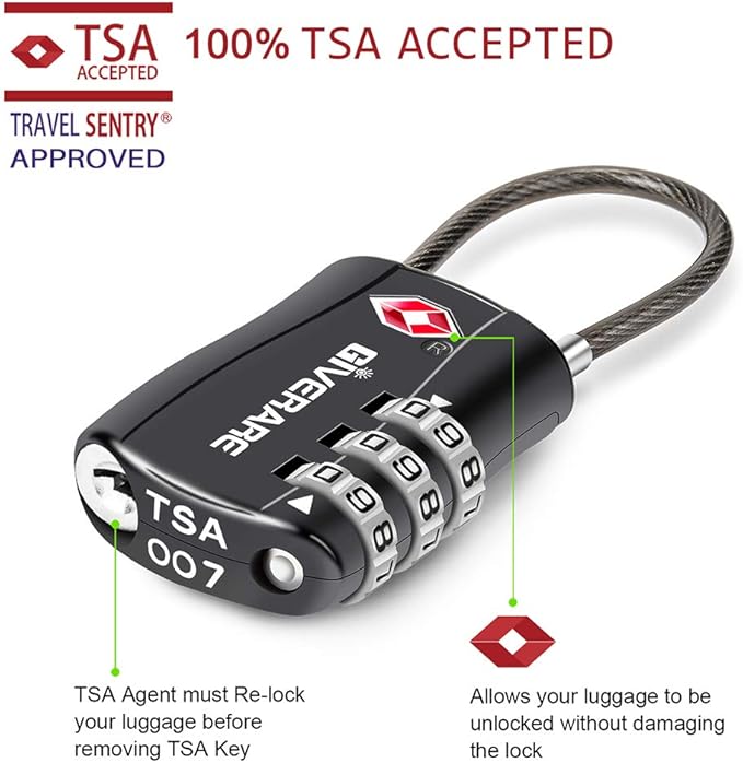 GIVERARE 2 PCS TSA Approved Luggage Locks, Combination Travel Cable Lock, Re-settable 3-Digit Padlocks with Alloy Body, Keyless Travel Sentry Accepted Padlock for Gym Locker, Golf Bag Case-Black