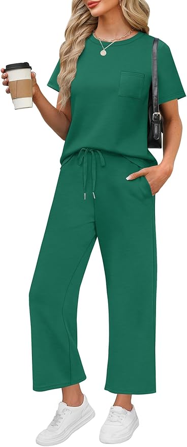 WIHOLL 2 Piece Sets for Women Casual Summer Travel Vacation Outfits Short Sleeve Wide Leg Crop Pants Lounge Sets