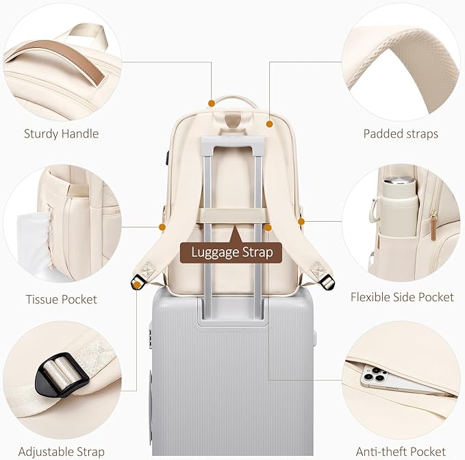 MDODO Lunch Backpack for Women Men,15.6Inch Insulated Lunch Box Backpack with USB Charging Port, Diaper Laptop Back pack for Travel Picnic Work Teacher Nurse,Beige