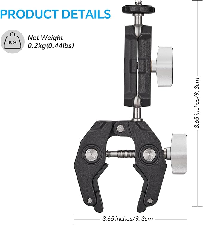 Super Clamp Camera Clamp Mount Monitor 360°Ballhead Magic Arm Double Ball Head Adapter with 1/4"-20 & 3/8"-16 Thread for Canon Nikon DSLR Camera/Gopro/LED Light Ronin-M/Ronin MX/FreeflyMOVI