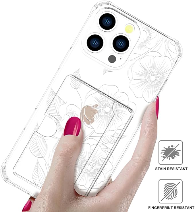 Compatible with iPhone 16 Pro Case Card Holder for Women Cute Design,Wallet Phone Cases Transparent Cool Kawaii Protective (Clear Seamless Abstract Flower)