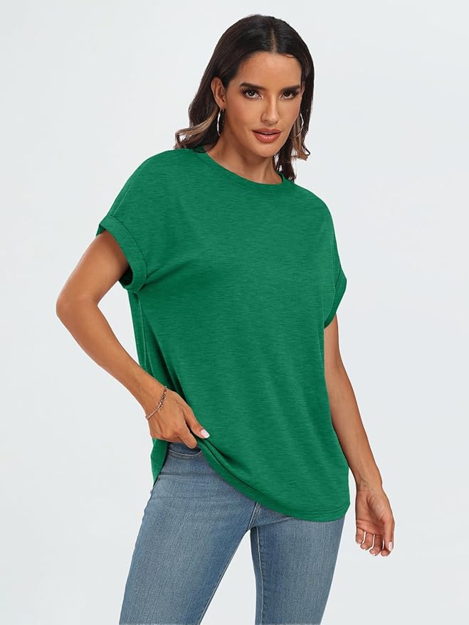 AUTOMET Women's Oversized Short Sleeve T Shirts Casual Drop Shoulder Rolled Cuff Summer Tops for Work, Travel and Lounge
