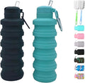 Collapsible water bottles 2 Pack with brush,BPA Free Travel Silicone Water Bottle with Carabiner,Reusable Foldable Portable Lightweight Sports bottles for Gym Camping Hiking (Black+Aqua blue)