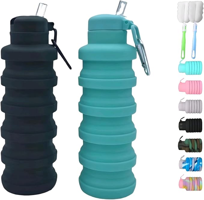 Collapsible water bottles 2 Pack with brush,BPA Free Travel Silicone Water Bottle with Carabiner,Reusable Foldable Portable Lightweight Sports bottles for Gym Camping Hiking (Black+Aqua blue)
