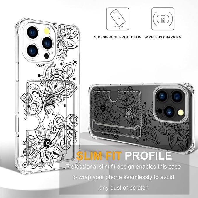 Compatible with iPhone 16 Pro Case Card Holder for Women Cute Design,Wallet Phone Cases Transparent Cool Kawaii Protective (Clear Black Henna Flower)