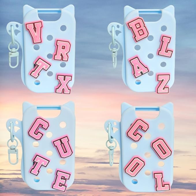 Hand Sanitizer Case with 36 Charms for Touchland, Compatible with Power Mist 1 FL Oz/30ML, Croc-Style Touchland Holder (Blue Case Alphabet Charms)