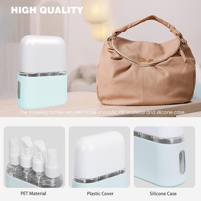 Songaa 4 in 1 Travel Containers - Leak Proof Refillable Plastic Bottles for Toiletries, Shampoo & Conditioner - Blue