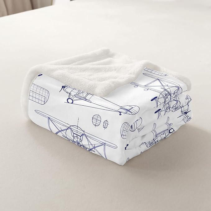 Airplane Kids Throw Blanket,Hand-Painted American Aircraft Toddler Bed Blanket for Girls Boys Adults,Air Vehicles Cartoon Fleece Blanket,Blue White Fuzzy Blanket,40 x 50 Inches