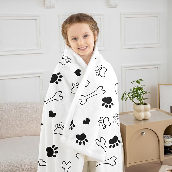 Dog Paws Kid's Paws Print Throw Blanket,Bones Heart Cute for Girls Boys Adults,Cartoon Dogs Pets Fleece,Black White Fuzzy,Twin Size (60 x 80 Inches)