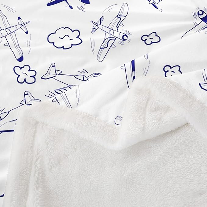 Airplane Kids Throw Blanket,Cartoon Aircraft American Plane Bed Blanket for Girls Boys Adults,Cute Cloud Airplane Fleece Blanket,Blue White Fuzzy Blanket,Twin Size (60 x 80 Inches)