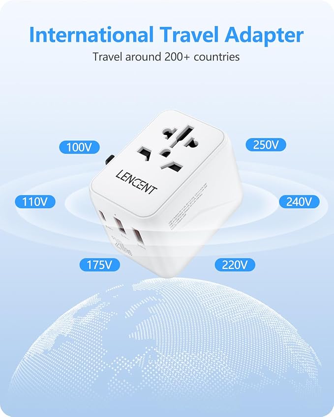 LENCENT Universal Travel Adapter, PD20W International Charger with 2 USB Ports & Type-C Fast Charging Adaptor, Worldwide Wall Charger for iPhone,Laptop, USA/UK/EU/AUS (White-20W)