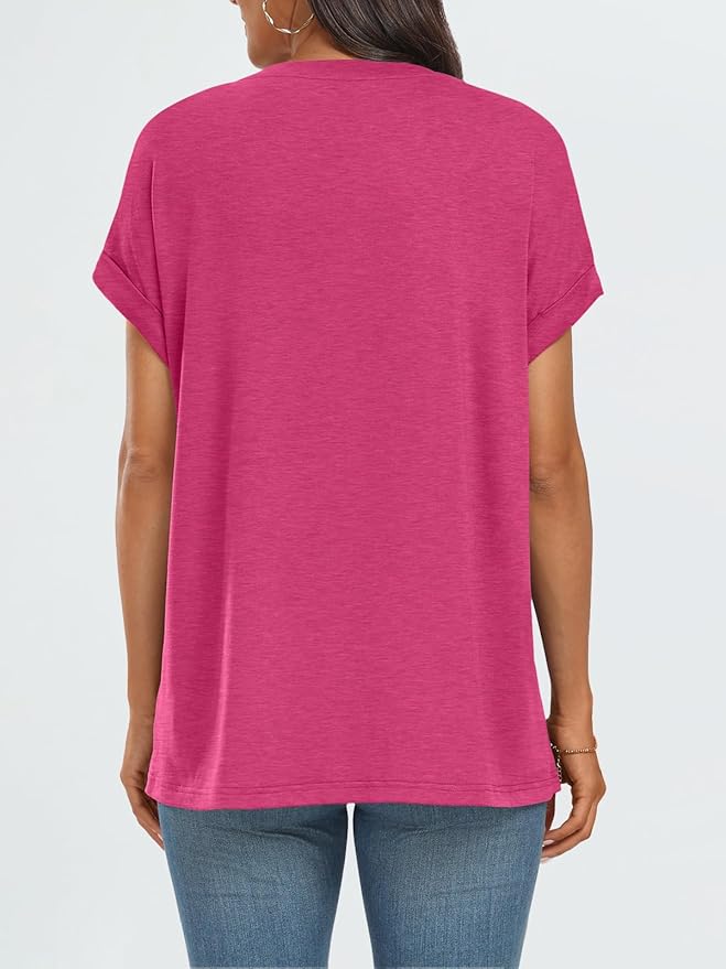 AUTOMET Women's Oversized Short Sleeve T Shirts Casual Drop Shoulder Rolled Cuff Summer Tops for Work, Travel and Lounge
