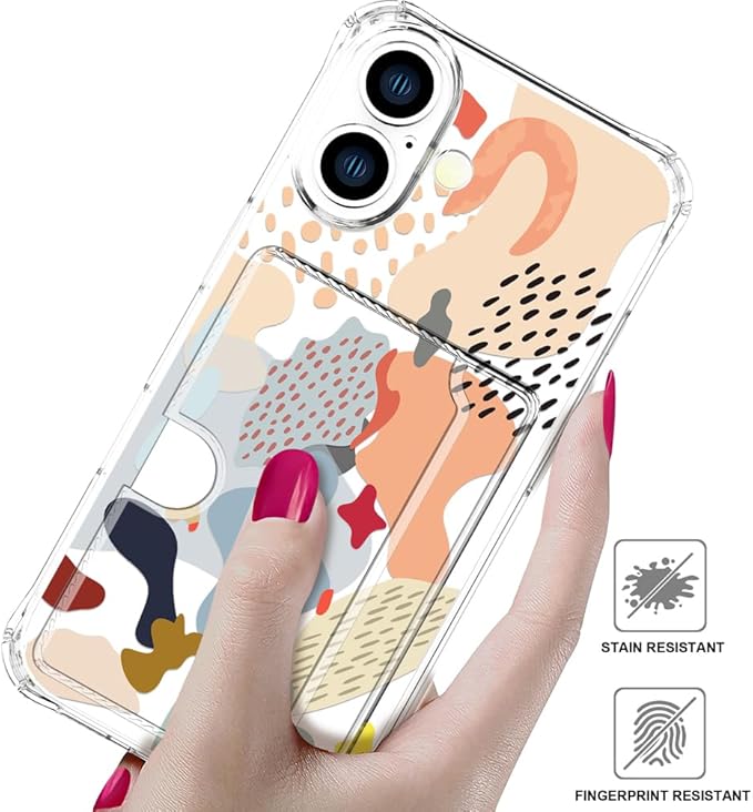 Compatible with iPhone 16 Plus Case Card Holder for Women Cute Design,Wallet Phone Cases Transparent Cool Kawaii Protective (Clear Abstract Art)