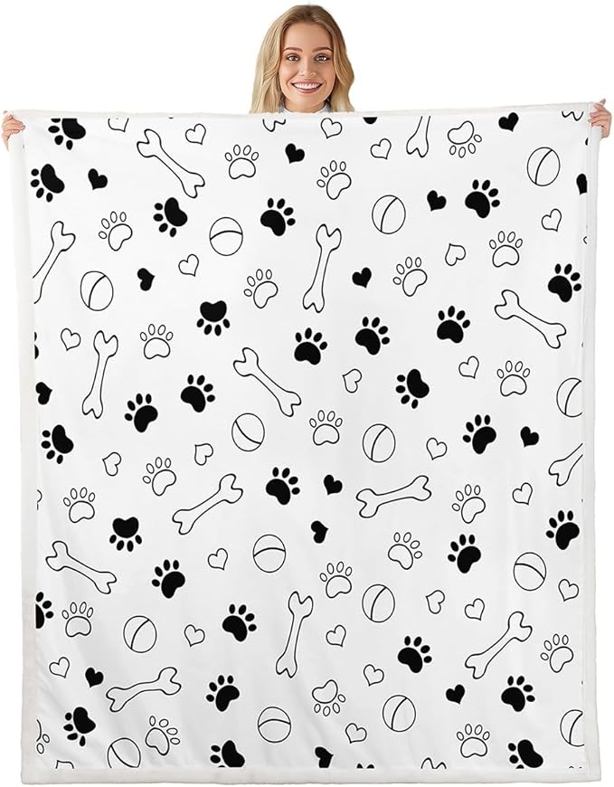 Dog Paws Print Kids Throw Blanket,Bones Love Heart Cute Bed Blanket for Girls Boys Adults,Cartoon Dogs Pets Paws Fleece Blanket,Black White Fuzzy Blanket,Throw Size (50 x 60 Inches)