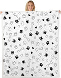 Dog Paws Print Kids Throw Blanket,Bones Love Heart Cute Bed Blanket for Girls Boys Adults,Cartoon Dogs Pets Paws Fleece Blanket,Black White Fuzzy Blanket,40 x 50 Inches