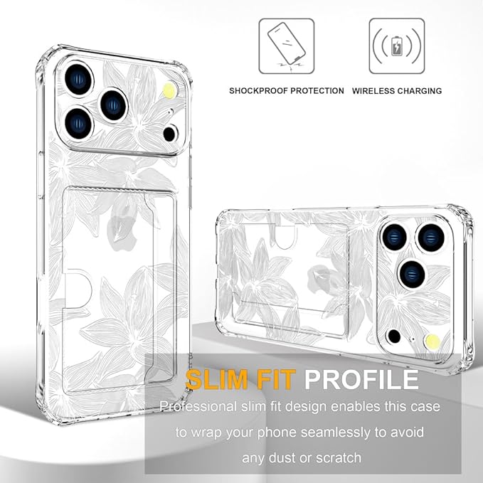 Compatible with iPhone 17 Pro Max Case Card Holder for Women Cute Design,Wallet Phone Cases Transparent Cool Kawaii Protective (Clear Flower White)
