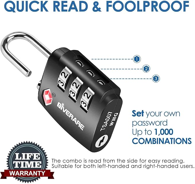 2 Pack TSA Approved Travel Luggage Locks, Combination Lock Alloy Body, Metal Keyless 3-Digit Padlocks, TSA Accepted Compatible Padlock for Gym Locker, Golf Bag Case, Backpack, Black-by GIVERARE